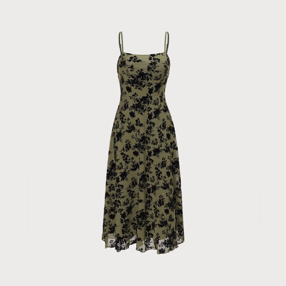 Elegant Olive Green Floral Dress - Picture 4 of 6
